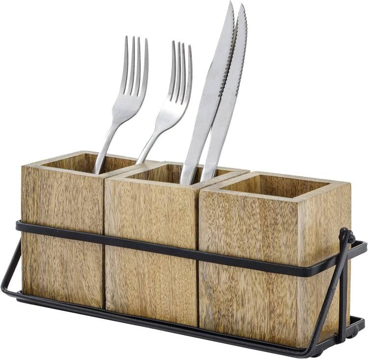 Mango Wood Flatware Holder with Black Metal Wire Tray, Kitchen Countertop Dining Utensil Caddy-MyGift