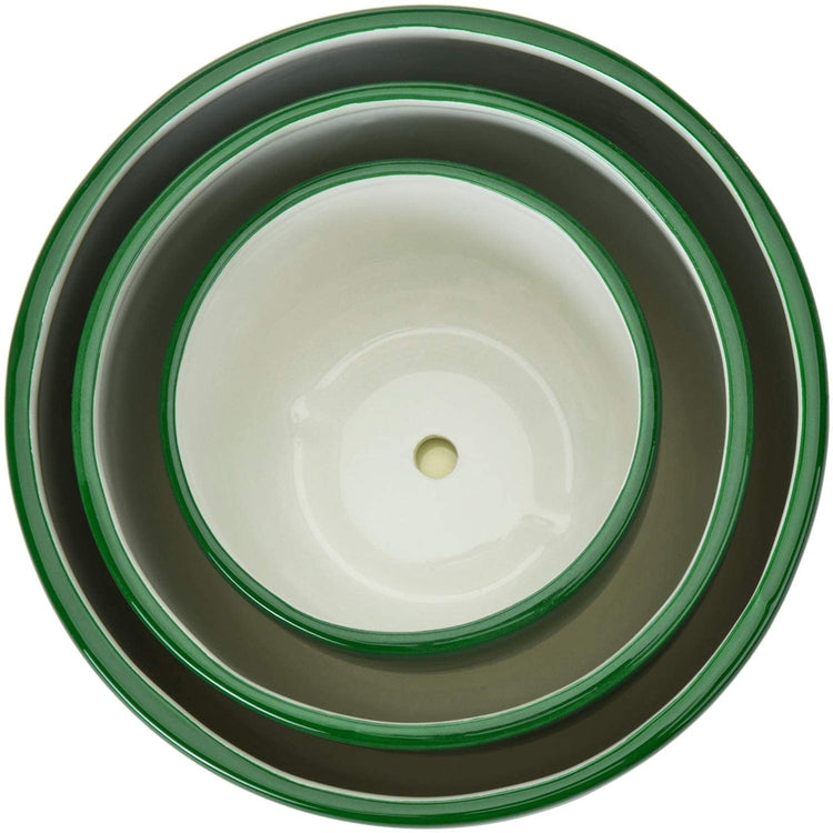 Set of 3 Round Green and Yellow Glazed Ceramic Flower Planter Pots with Attached Saucers-MyGift