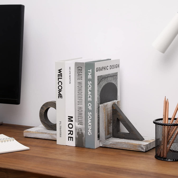 White Wood Geometric Bookends Decorative Desktop Book Stands with Circle and Triangle Design-MyGift