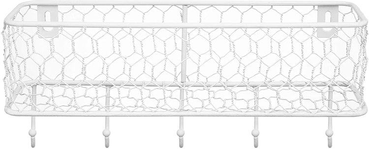 White Metal Mesh Wall Mounted Storage Basket with 5 Hooks-MyGift