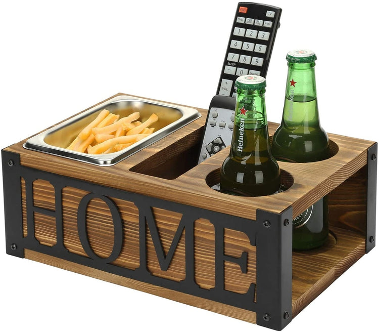 Burnt Wood Snack Caddy with Slots for Beer, Beverages, and Remote Controls with Black Metal HOME Cutout Decoration-MyGift