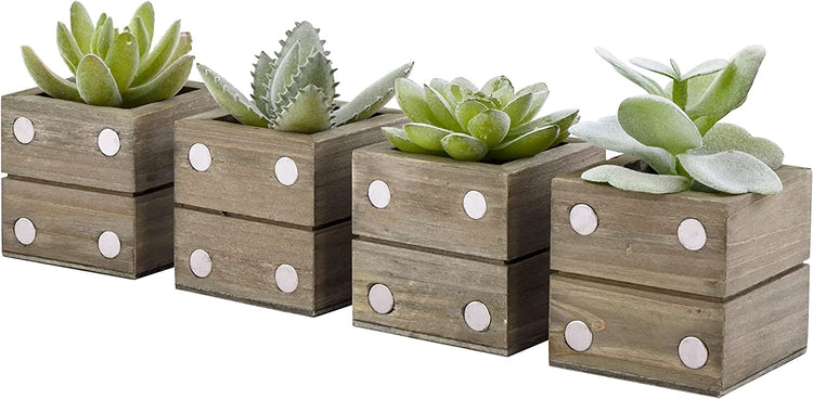Set of 4, Mini Artificial Succulent Plants, Magnetic Assorted Faux Succulents with Weathered Gray Square Wood Pots-MyGift