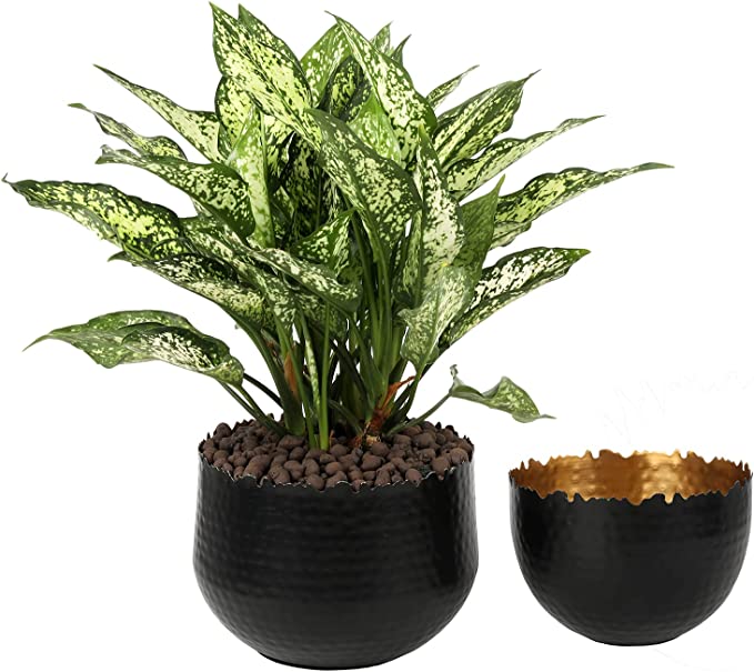 Matte Black Metal Plant Pot with Jagged Live Edge & Hammered Design, Round Planter Bowl with Gold Interior, 2 Piece Set-MyGift