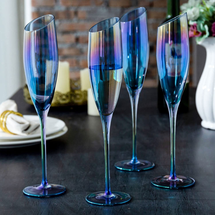 Set of 4, Blue Iridescent Champagne Glasses, Angled Stemmed Flute Glassware-MyGift