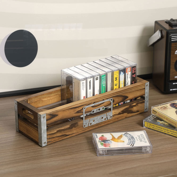 Burnt Wood Retro Audio Cassette Tape Holder Storage Crate with Galvanized Metal Accents and Cassette Cutout Design-MyGift