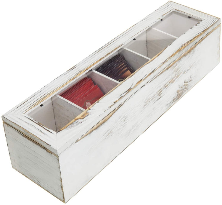 Whitewashed Wood Tea Bag 5-Compartment Organizer Box with Clear Lid-MyGift