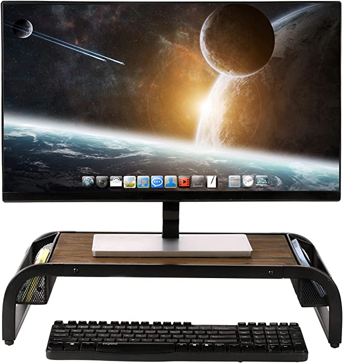 Burnt Brown Wood and Black Metal Computer Monitor Riser with Mesh Storage Baskets for Office Supplies-MyGift