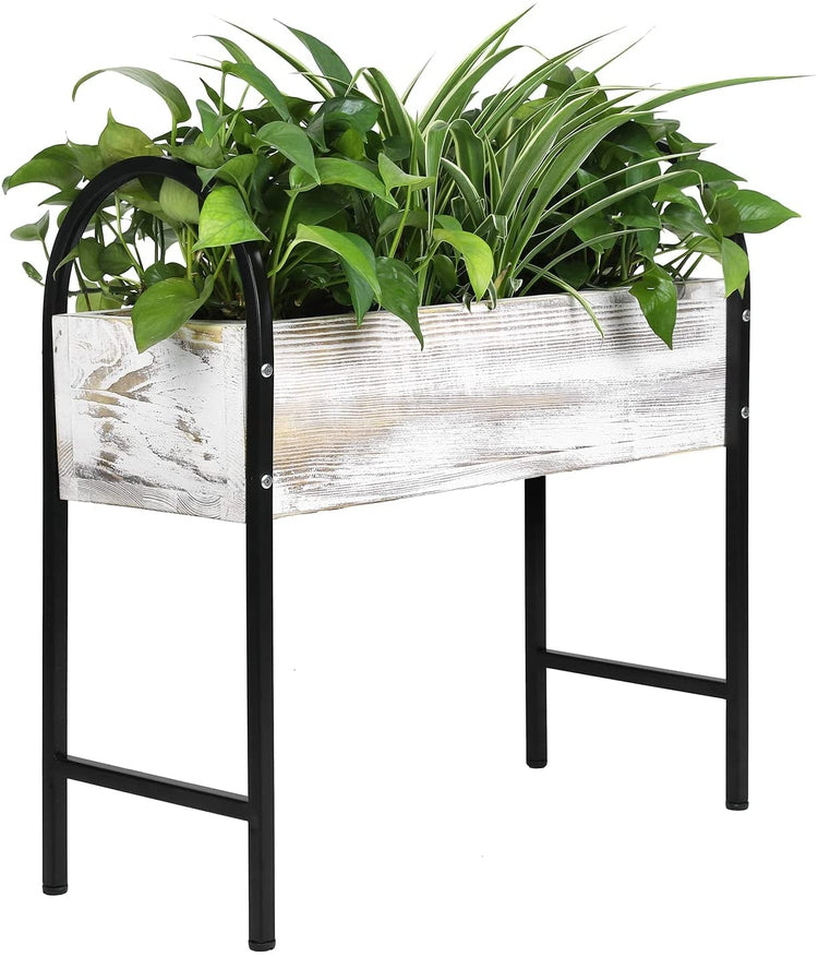 Whitewashed Wood and Black Metal Framed Rectangular Freestanding Indoor, Outdoor Raised Garden Planter Box Plant Stand-MyGift
