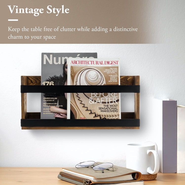 Burnt Wood and Industrial Matte Black Metal Magazine Display Rack, Wall Mountable Book Holder or Standing Organizer-MyGift