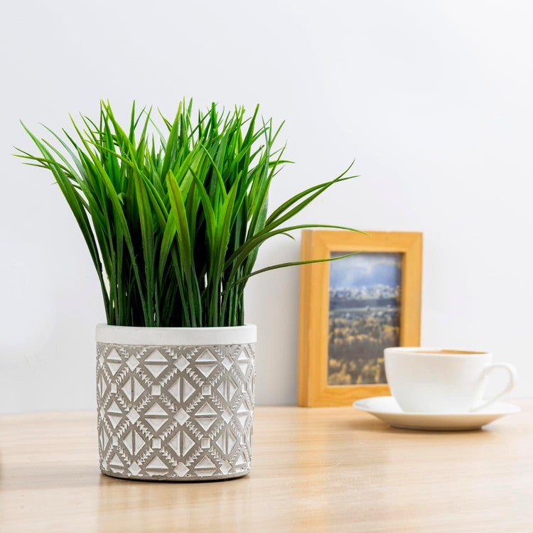 Artificial Green Grass Plants in Modern Concrete Pot, Centerpiece Decorative Round Planter-MyGift