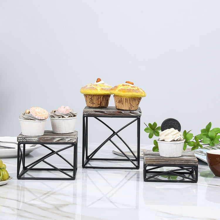 Set of 3, Square Torched Wood and Black Metal Wire Nesting Dessert Stands, Food Display Risers-MyGift