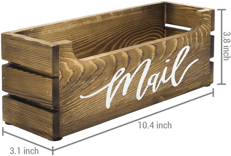 Burnt Wood Crate Style Tabletop Mail Sorter, Bin Organizer Box with White Cursive "Mail" Lettering-MyGift