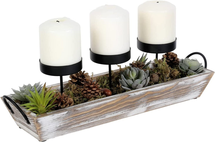 Tabletop Display Candle Holder with Black Metal Pillar Pedestals and Decorative Whitewashed Wood Tray Base-MyGift