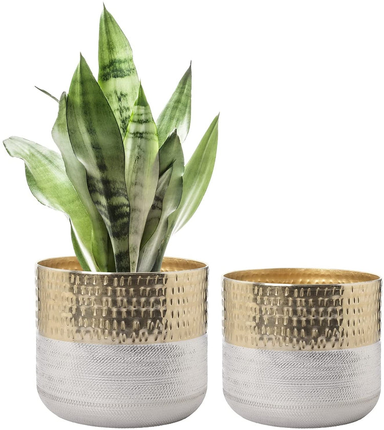 Set of 2, Metallic Indoor Planter Pot, Cylindrical Hammered Gold and Milled Embossed Silver Tone Metal Planter Vase-MyGift