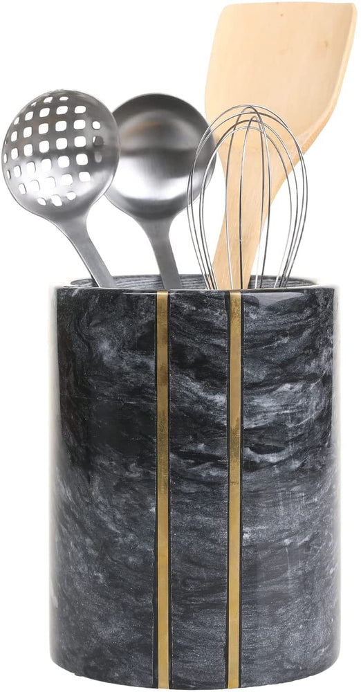 Black Marble Design and Brass Accented Round Ceramic Kitchen Cooking Utensil Holder Crock-MyGift