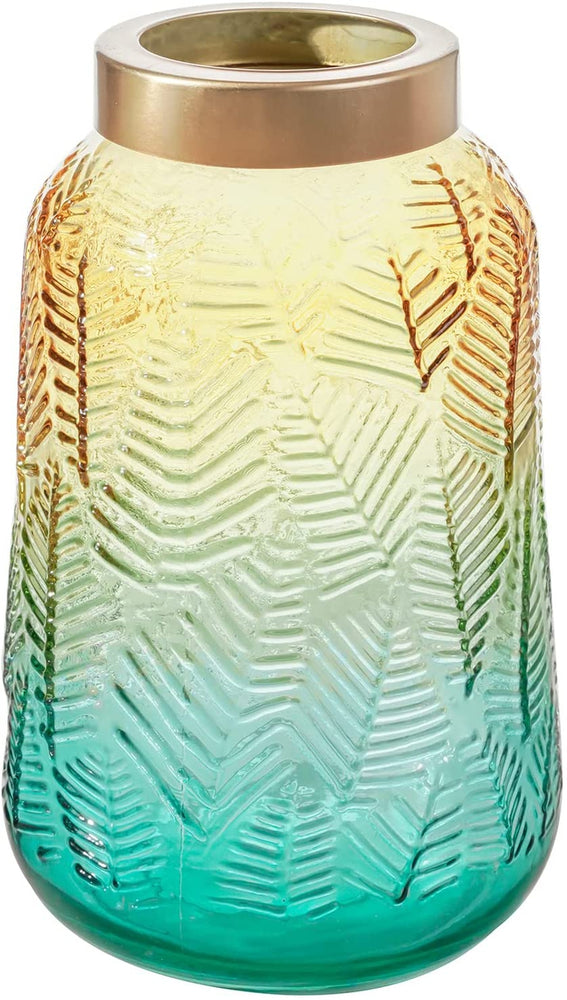 White Faux Roses Artificial Flower Bouquet in Aqua Gradient Glass Vase and Gold Trim with Leaf Embossed Design-MyGift