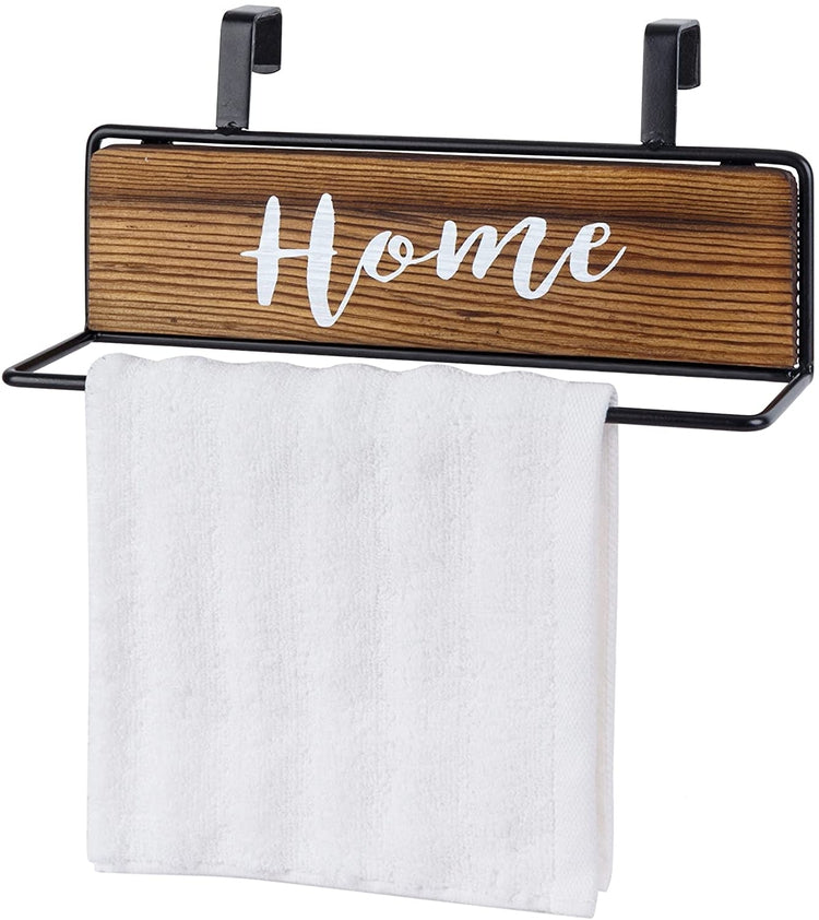 Burnt Wood and Black Metal Over Cabinet Door Kitchen Hand Towel Bar Rack Hanger with White Cursive “HOME" Writing-MyGift