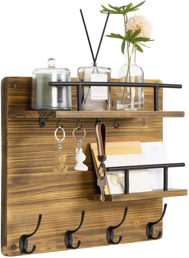 Burnt Wood Entryway Wall Organizer Rack with Mail Holder, Key Hooks, Coat Hooks, and Display Shelves with Metal Rails-MyGift