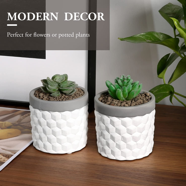 Set of 2, Concrete Planter Flower Pots with White Geometric Embossed Pattern Design and Gray Rim-MyGift