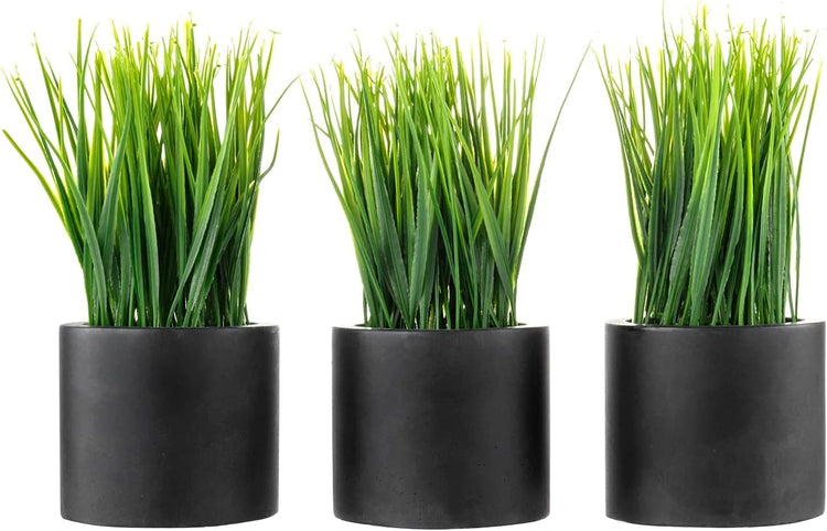 Set of 3, Mini Faux Grass Potted Plants, Decorative Artificial Wheatgrass in Cylindrical Round Black Concrete Planters-MyGift