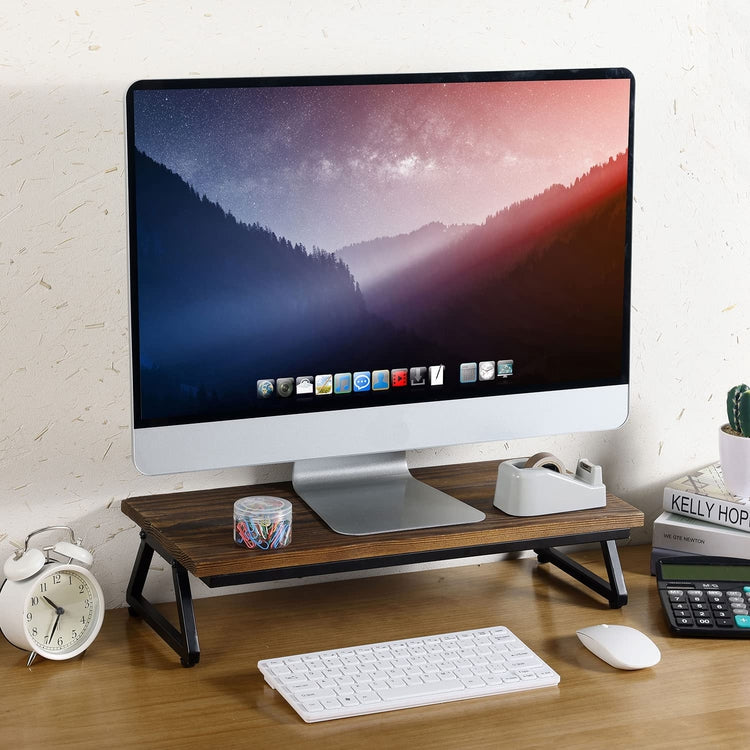 Brown Wood and Black Metal Desk Storage Organizer Display, Desktop Computer Monitor Riser-MyGift