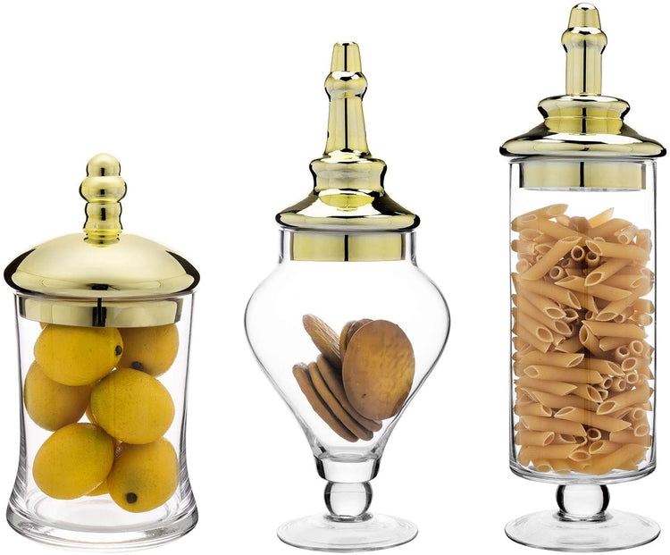 Set of 3 Apothecary Clear Glass Storage Jars with Brass-Tone Lids-MyGift