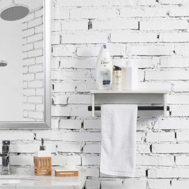 Rustic Whitewashed Wood and Metal Pipe Towel Hanging Rack with Top Shelf-MyGift