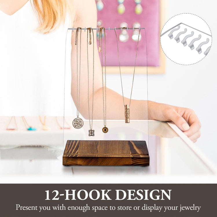 Multi Necklace Holder with Clear Acrylic Panel and Burnt Wood Base, Tabletop Jewelry Easel Stand Retail Display-MyGift