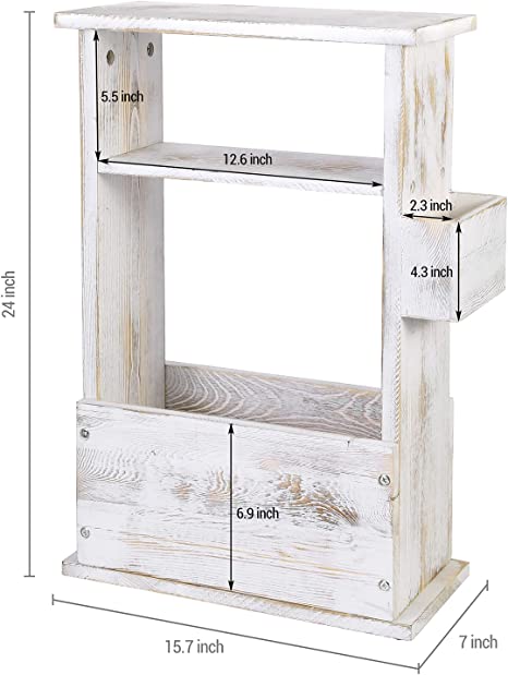 2 Tier Shabby Whitewashed Wood End Table with Magazine Holder, Display Shelf and Remote Control Holder Rack-MyGift