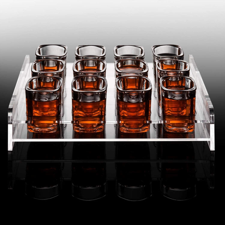 Clear Acrylic Party Liquor Serving Tray with 12 Shot Glasses and Cutout Handles-MyGift