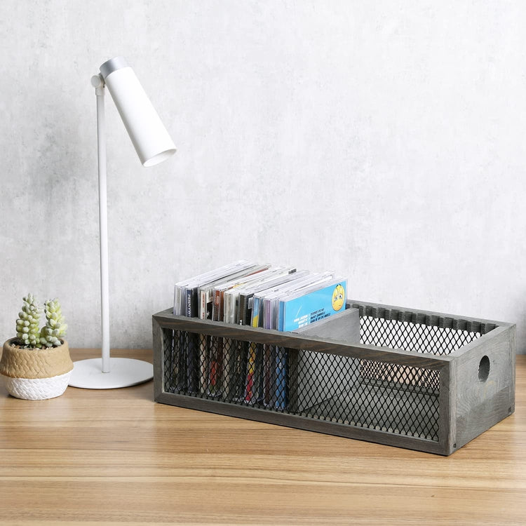 Gray Wood CD Storage Box, Tabletop Compact Disc Holding Rack with Metal Mesh Wire Sides-MyGift