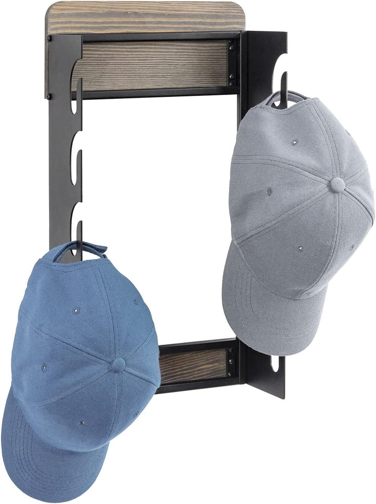 Weathered Gray Wood and Matte Black Metal Wall Mounted Hat, Garment Storage Hanger Rack-MyGift