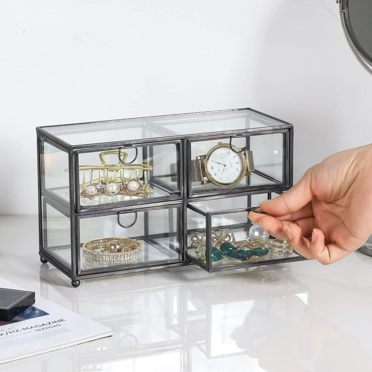 Glass Jewelry Box, 4-Drawer Black Metal and Clear Jewelry Storage Organizer, Keepsake Display Box-MyGift