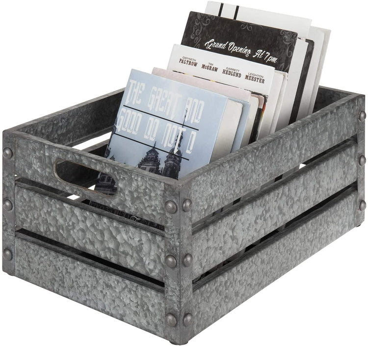 16-inch Silver Galvanized Metal Storage Crate Display Box with Corner Studs and Handles-MyGift