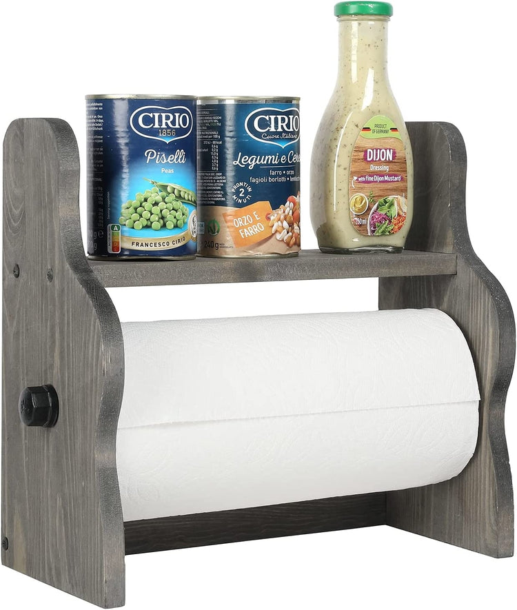 Weathered Gray Wood and Black Industrial Pipe Paper Towel Roll Holder Dispenser with Shelf, Wall Mounted or Countertop Storage Rack-MyGift