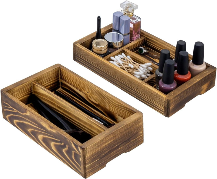 Tiered Burnt Wood Stackable Modular Vanity Storage Organizer Box, Decorative Countertop Caddy with Interchangeable Trays-MyGift