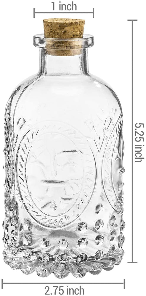 Set of 6, Vintage Embossed Fleur De Lis Glass Bottles with Cork Lid, Apothecary Clear Flower Vases-MyGift