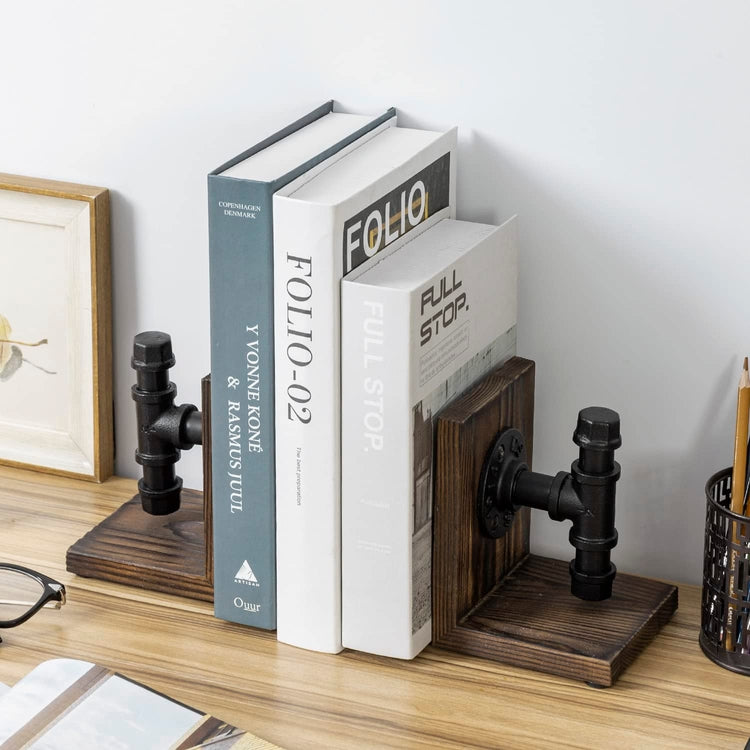 Set of 2, Burnt Wood Decorative Bookends with Industrial Black Metal Pipe Design, L Shaped Bookends-MyGift