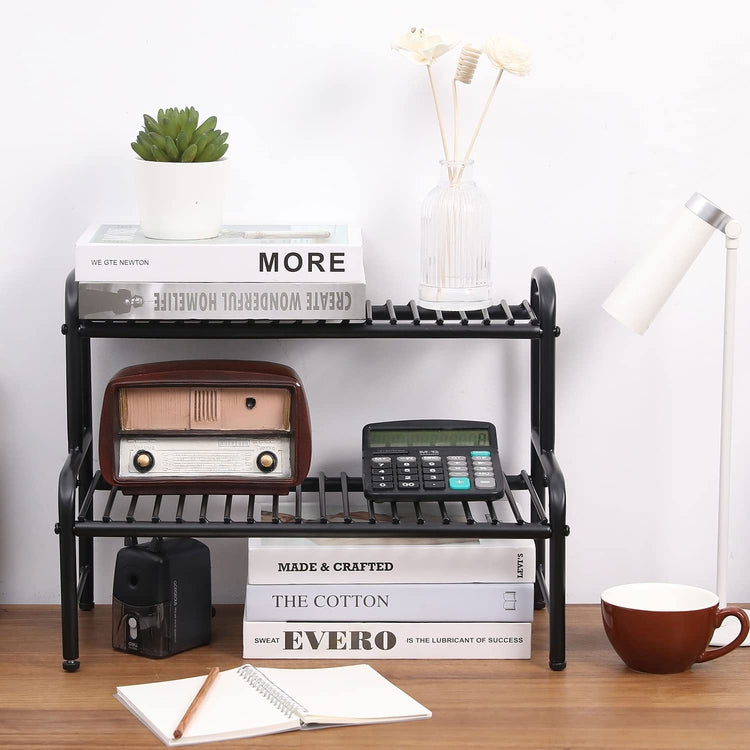 Industrial Black Metal Plant Stand Indoor Rack, Small 2 Tier Planter Pot Shelf, Multipurpose Desktop Display Shelving-MyGift