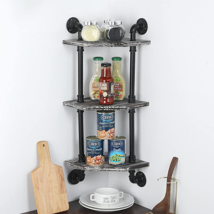 Wall Mounted Corner Shelving Unit, Tiered Torched Wood Display Shelves with Industrial Metal Pipe Frame-MyGift