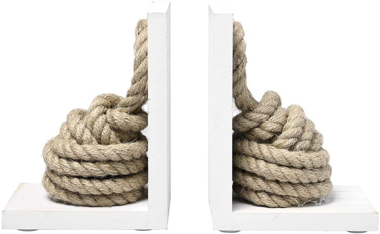 2 Piece Set, Nautical Knot Rope and White Wood Beach House Decorative Bookends-MyGift