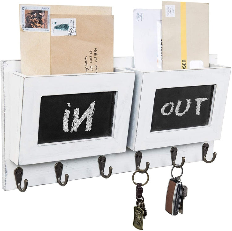 2-Slot White Wood Wall Mounted Mail Holder with 6 Key Hooks & Chalkboard Labels-MyGift