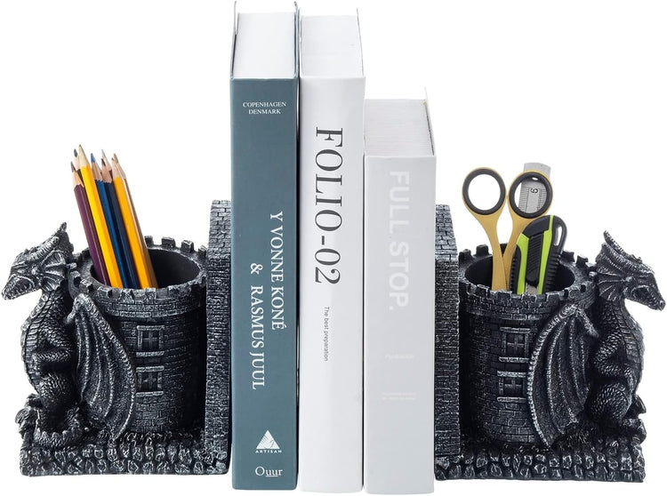 Medieval Black Resin Dragon Guarding Castle Bookends and Pencil Holder, Desk Fantasy Dragons Tower Pen Cups-MyGift