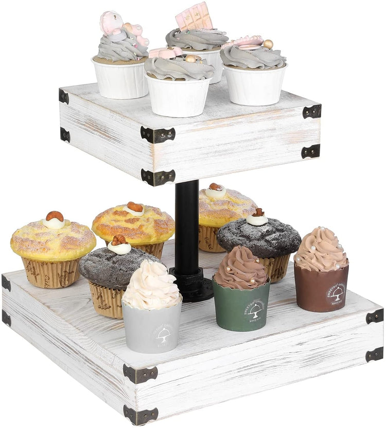 2 Tier Whitewashed Wood Cupcake Stand, Square Wood Tiered Dessert Stands with Industrial Pipe and Metal Corner Accents-MyGift