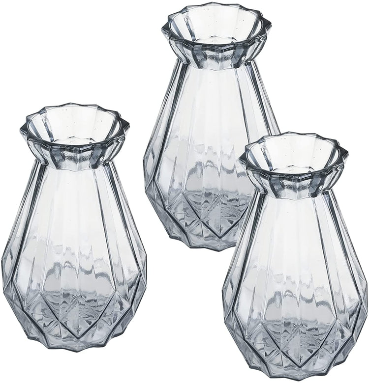 Set of 3, 6 Inch Decorative Diamond-Faceted Clear Gray Glass Flower Vases-MyGift