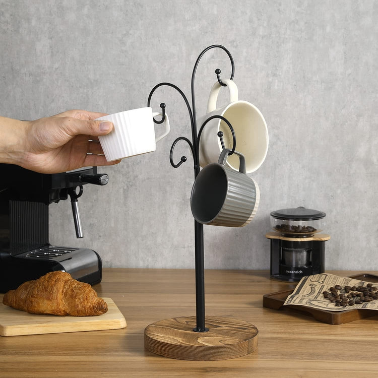 Tabletop Coffee Mug Tree, Teacup Holder Rack with Brown Wood Base and 4 Black Metal Curved Hook Arms-MyGift