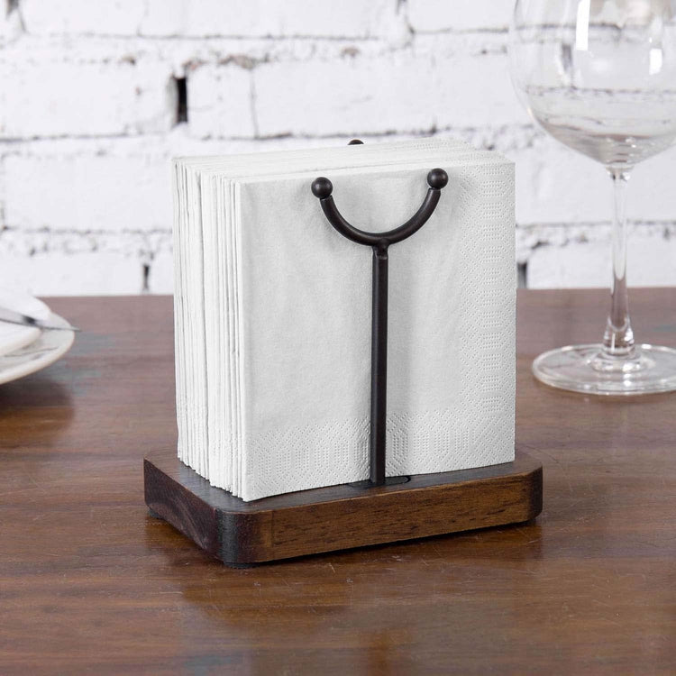 Napkin Holder for Table, Brown Wood Base with Matte Black Metal Stand with Top Arch Detail Tissue Upright Dispenser Rack-MyGift