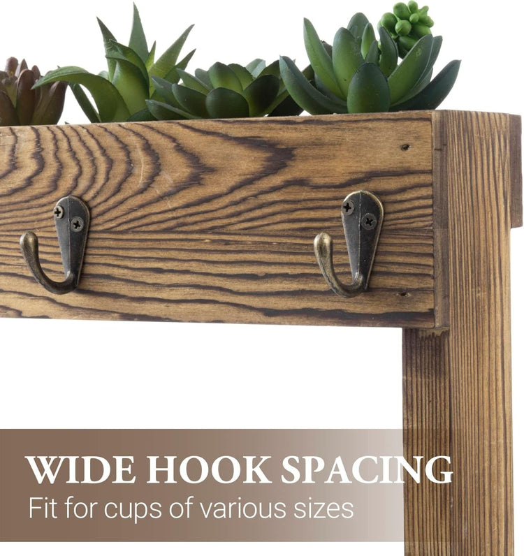 Wall Mounted 8-Hook Brown Wood Coffee Mug and Tea Cup Rack, Mug Hooks with Artificial Assorted Succulent Plants-MyGift