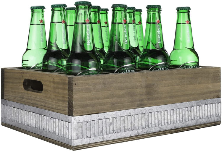 12-Slot Reclaimed Style Barn Wood Beverage Carrier, Beer Caddy Crate with Galvanized Metal Accent-MyGift