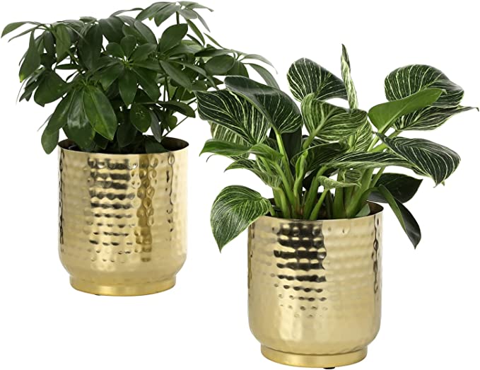 Set of 2 Hammered Brass-Tone Metal Planter Pot Indoor Plant Container, 6-Inch and 5-inch-MyGift